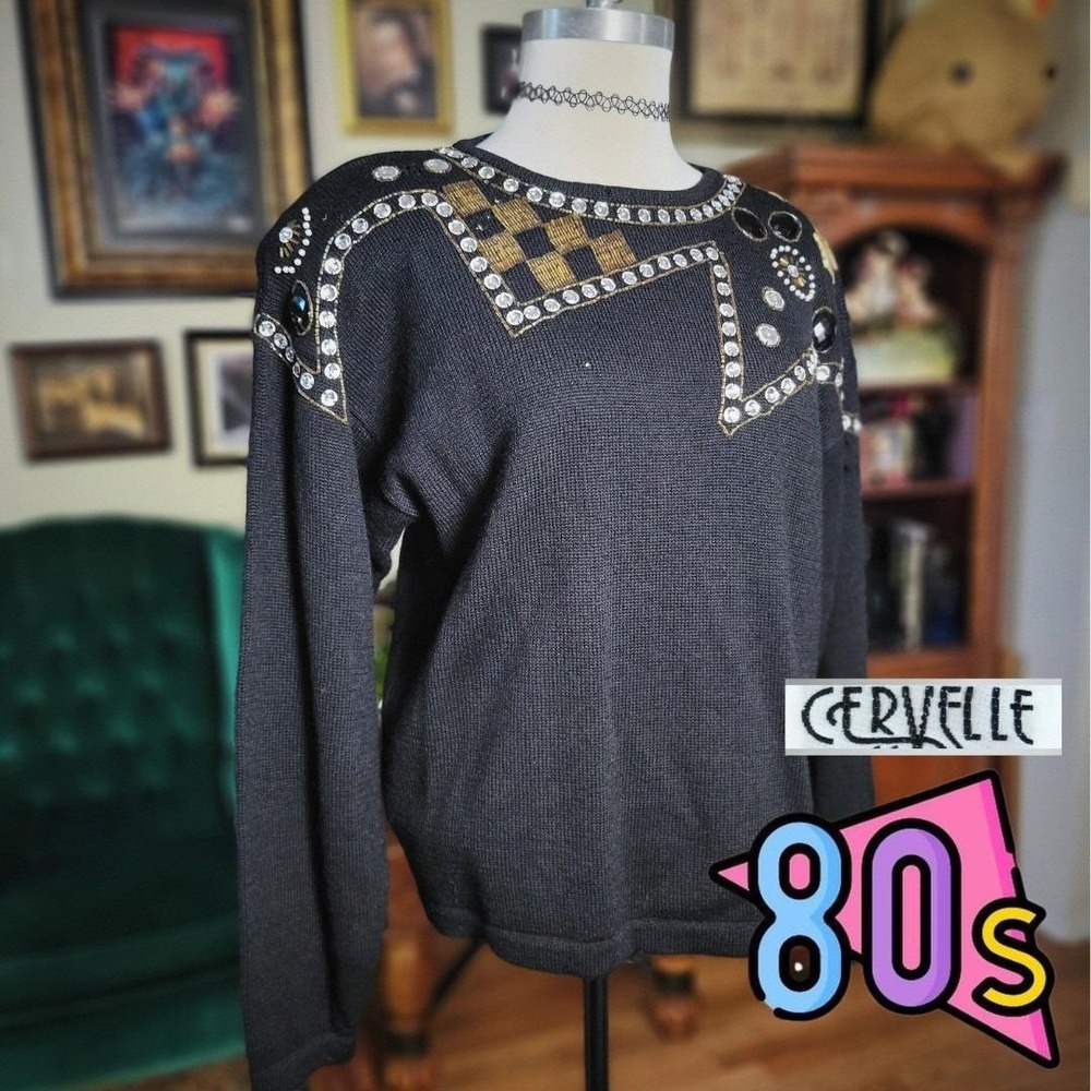 Cervelle Wool Sweater Vintage 80s Beaded Embellished Black Knit Top Large‎ 6470C